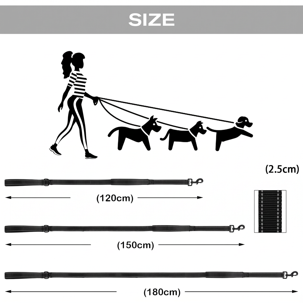 Sort hundesnor med metalspænder og tre størrelsesmuligheder: 120 cm, 150 cm og 180 cm i 2,5 cm bredde.