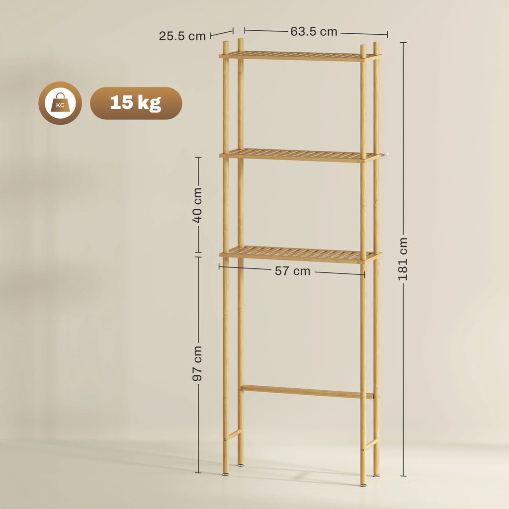 Bambus reol med tre hylder og målangivelser. Højde 181 cm, bredde 63,5 cm, dybde 25,5 cm.