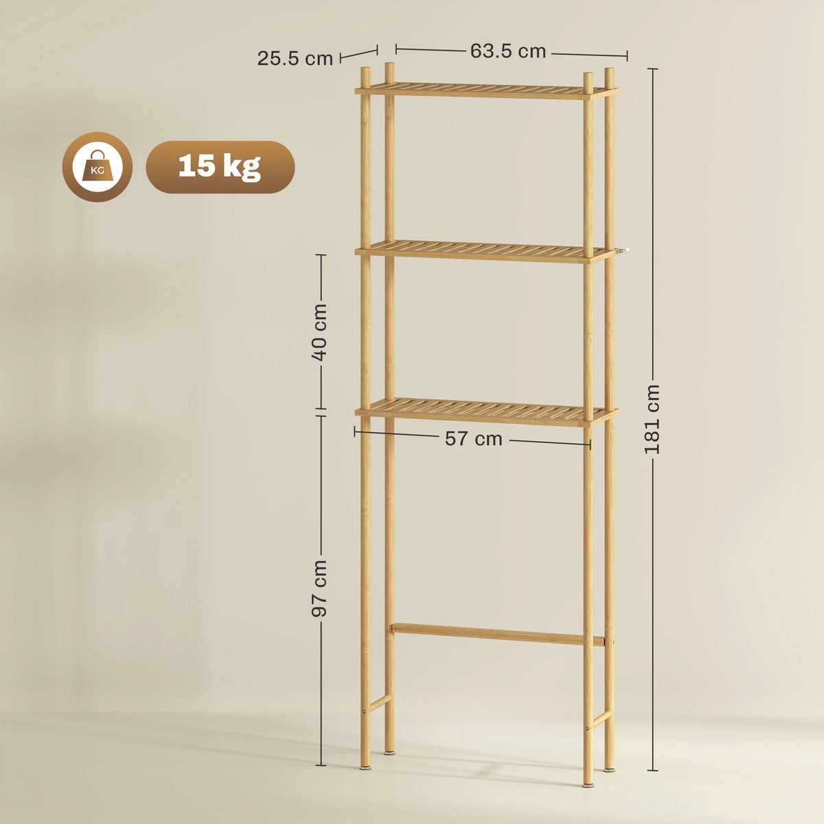 Bambus reol med tre hylder og målangivelser. Højde 181 cm, bredde 63,5 cm, dybde 25,5 cm.