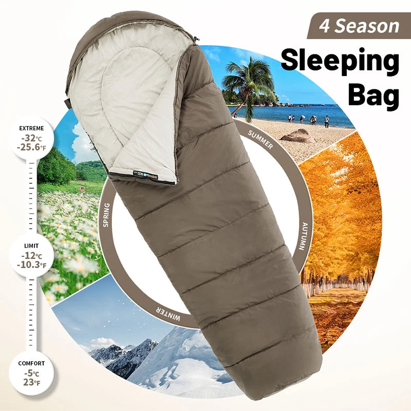 Naturehike MJ300 MJ600 brungrå mumiesovepose med lyst inderfor og vandrette kanaler.