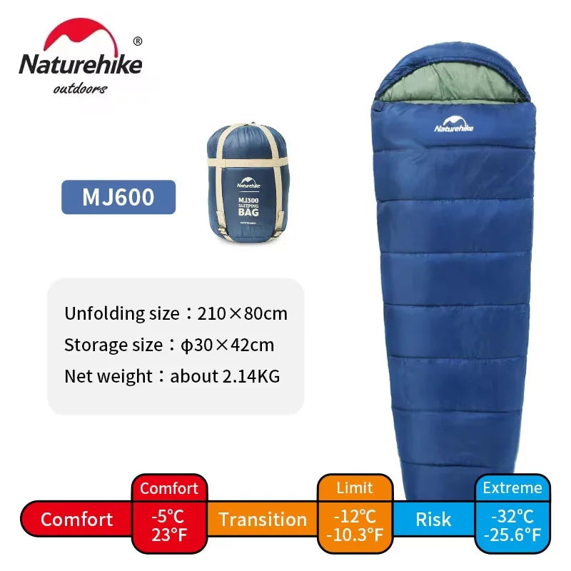 Blå mumiesovepose fra Naturehike, vist udstrakt med grøn hætte og i tilhørende kompressionspose.