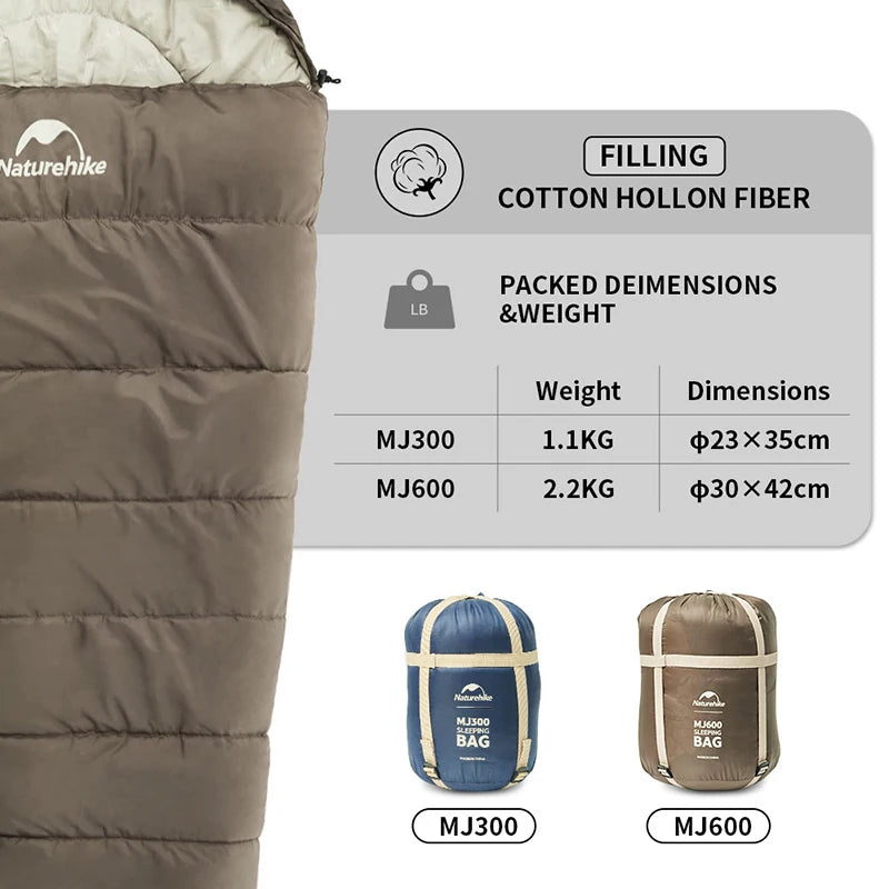 Brun Naturehike MJ300/MJ600 mumiesovepose med specifikationer og to pakposer i blå og brun.