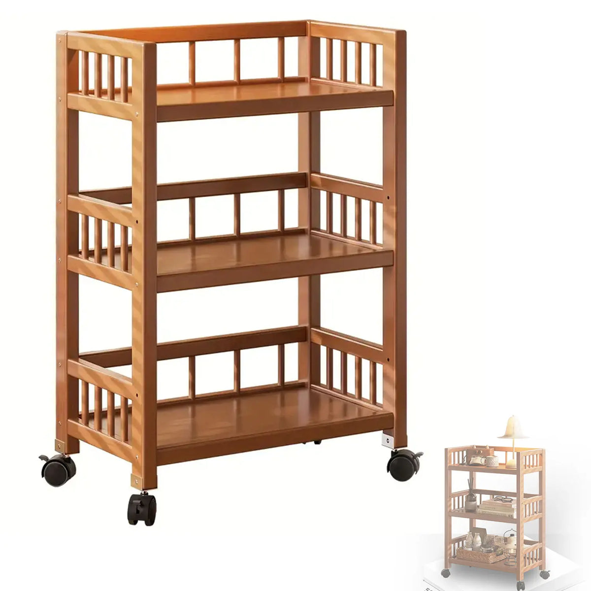 Brunt bambusrullebord med tre hylder, hjul og lave sider med tremmedesign.