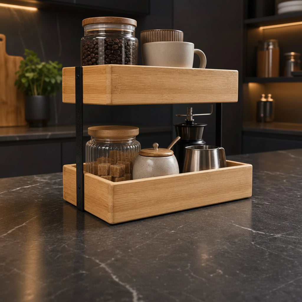 Frandby Organizer Shelf i træ med to hylder, sorte metalstativer og beholdere på et køkkenbord.