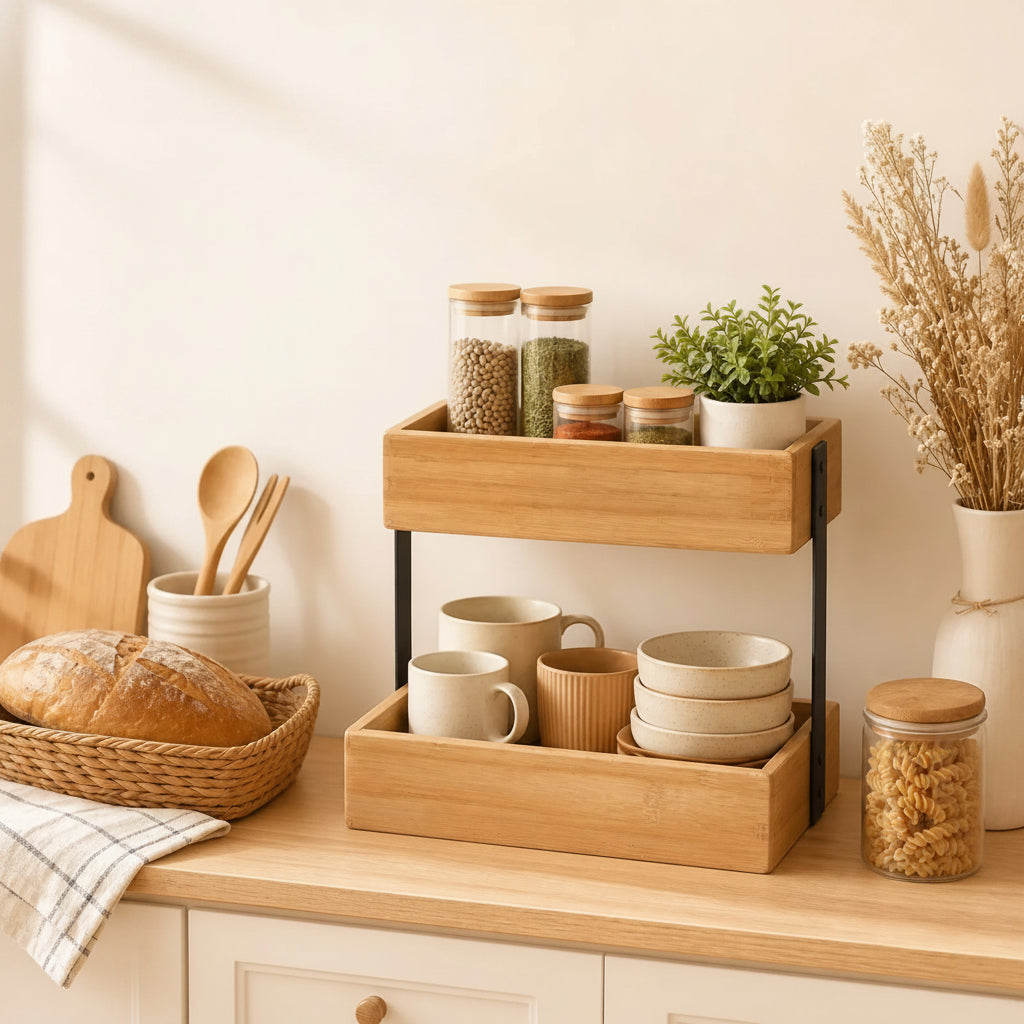 Frandby Organizer Shelf i lyst træ med to hyLder og sorte metalkanter, fyldt med kopper og glas.